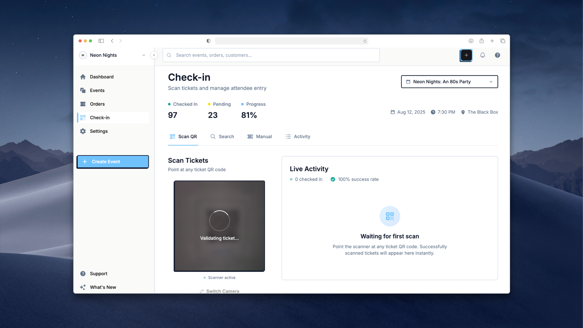 KwikTix mobile check-in interface with QR scanner
