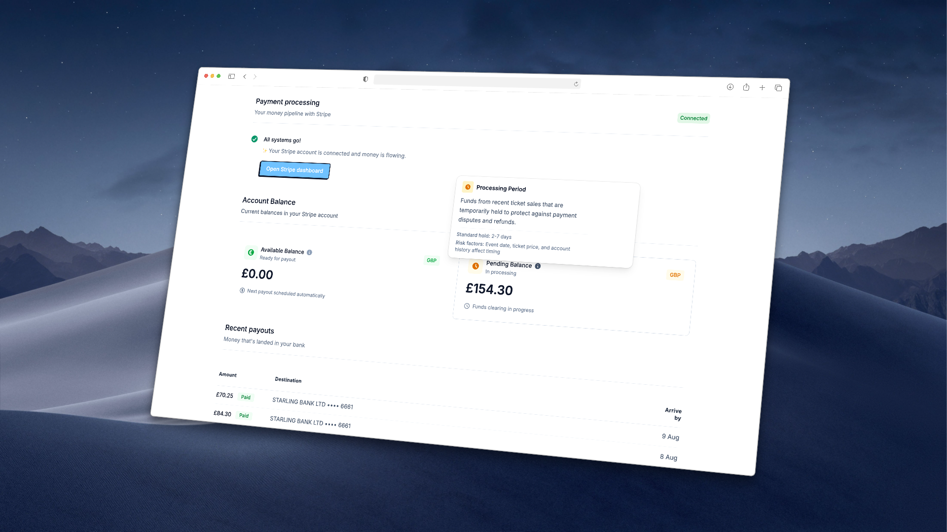 KwikTix settings showing Your Stripe account connected