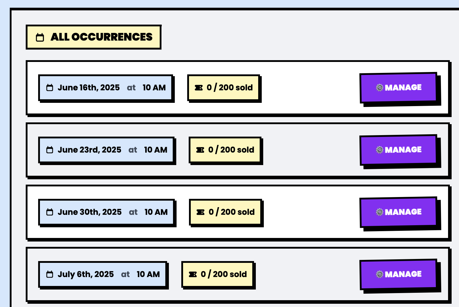 Recurring events setup interface showing weekly schedule and event management