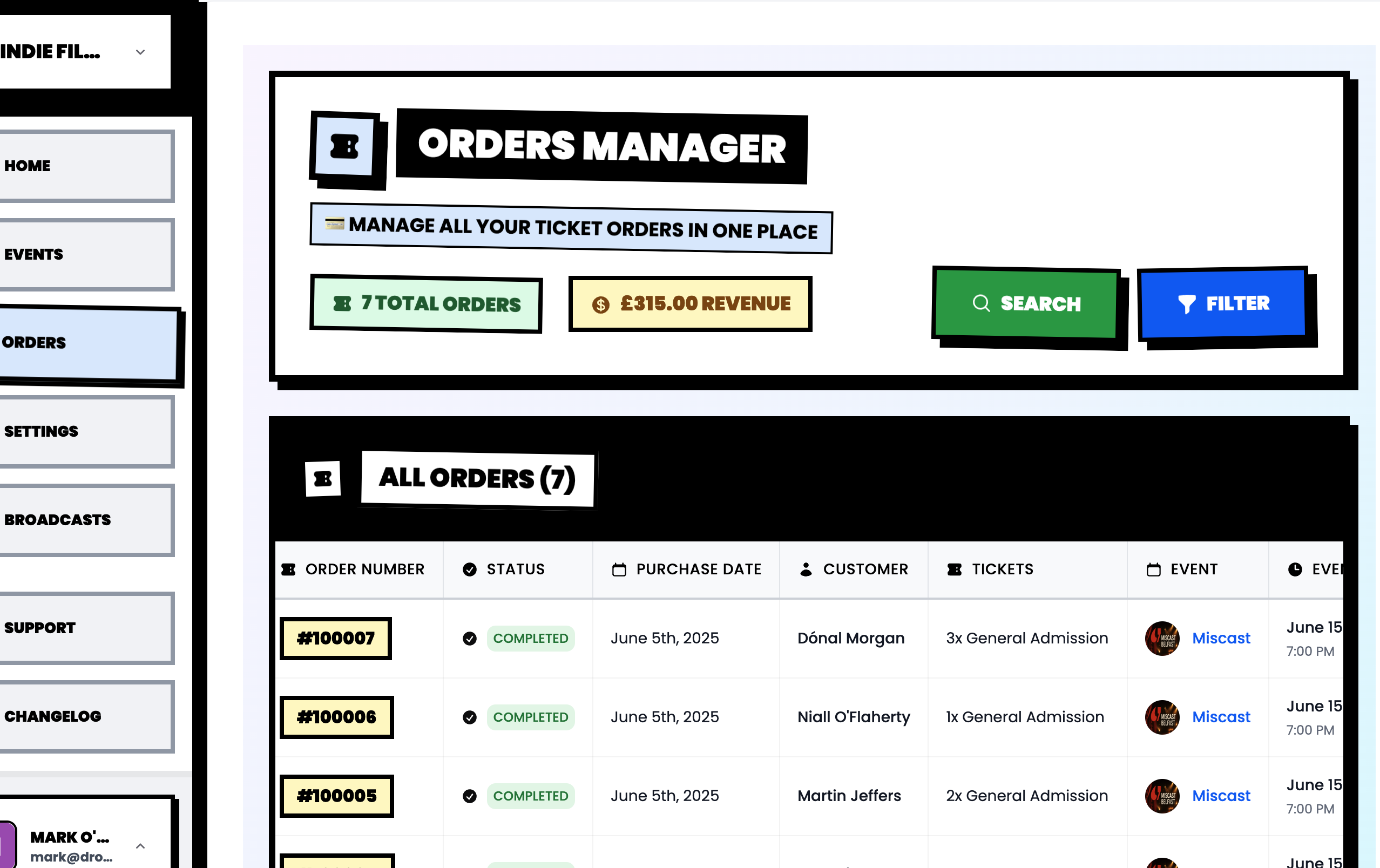Orders and payout dashboard showing event sales and analytics